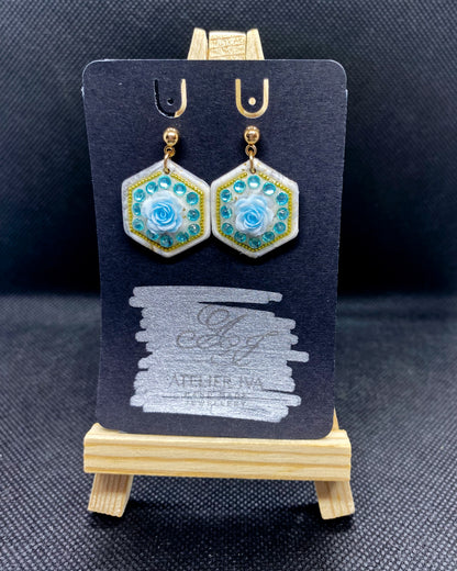 Blue Rose Aqua Gem Clay Earrings | Hexagon Floral Dangles