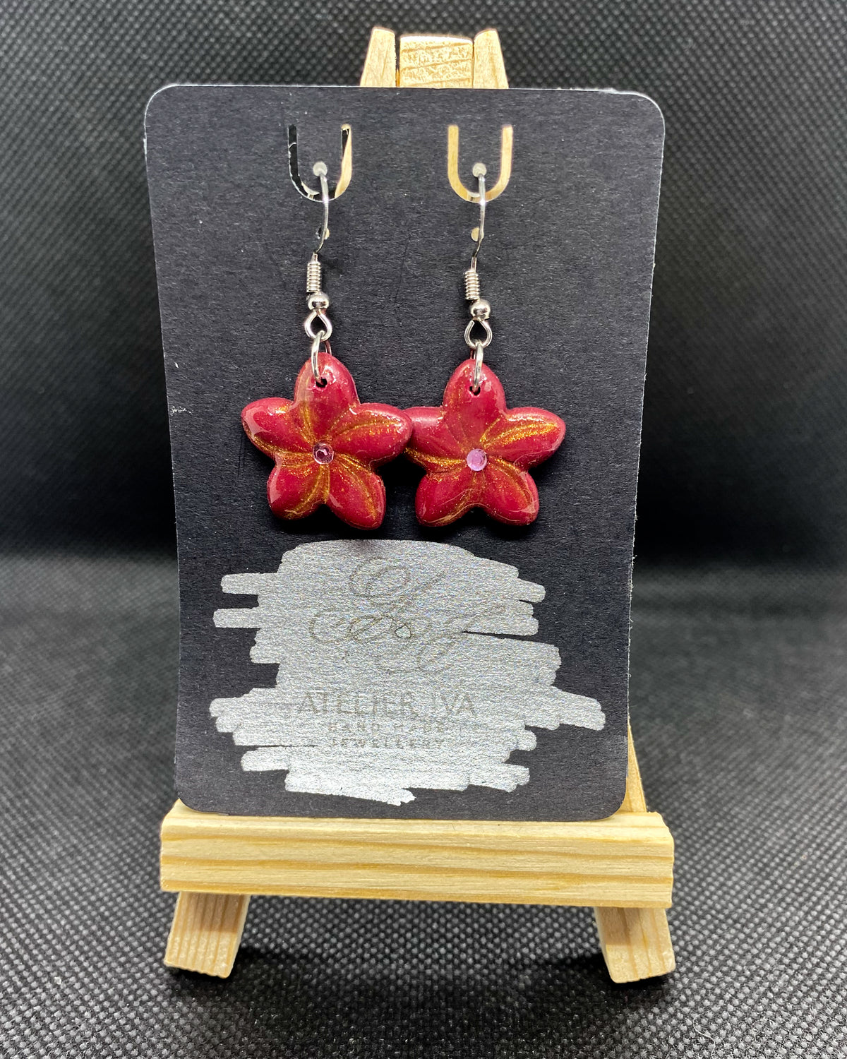 Deep Ruby Red Gold Dust Flower Clay Earrings | Rhinestone Dangles