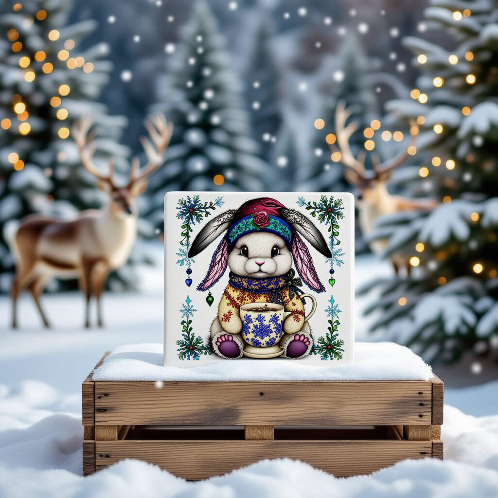 Fluffy Gothic Christmas Bunny Collection – T-Shirt Tile & Tote Bag - Tile / Bunny 4 - T-shirt