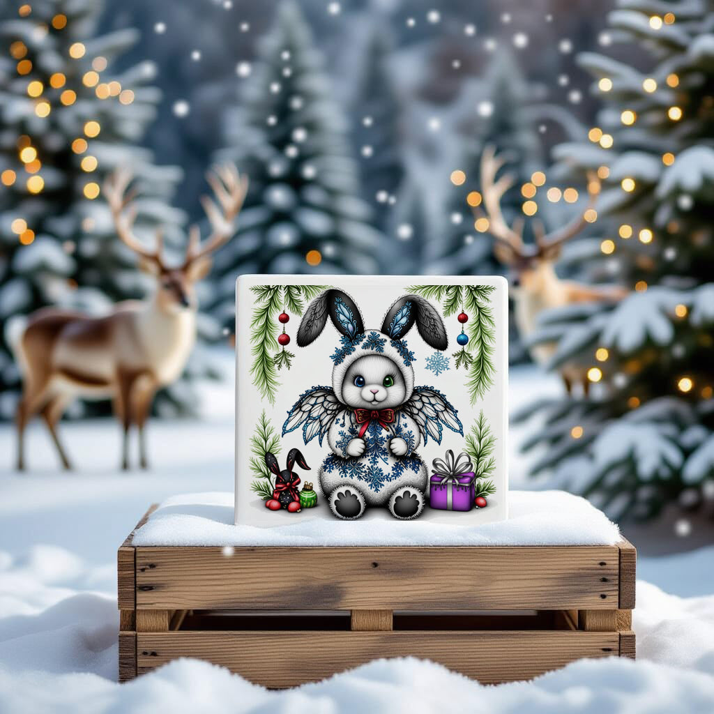 Fluffy Gothic Christmas Bunny Collection – T-Shirt Tile & Tote Bag - Tile / Bunny 1 - T-shirt