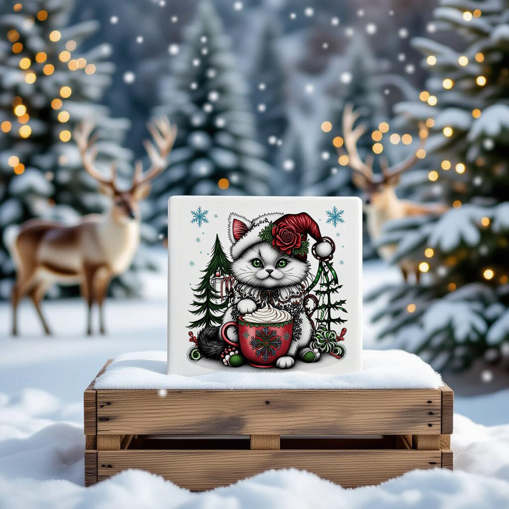 Fluffy Gothic Christmas Kitten Collection – T-Shirt Tile & Tote Bag - Tile / Kitty 3 - T-shirt
