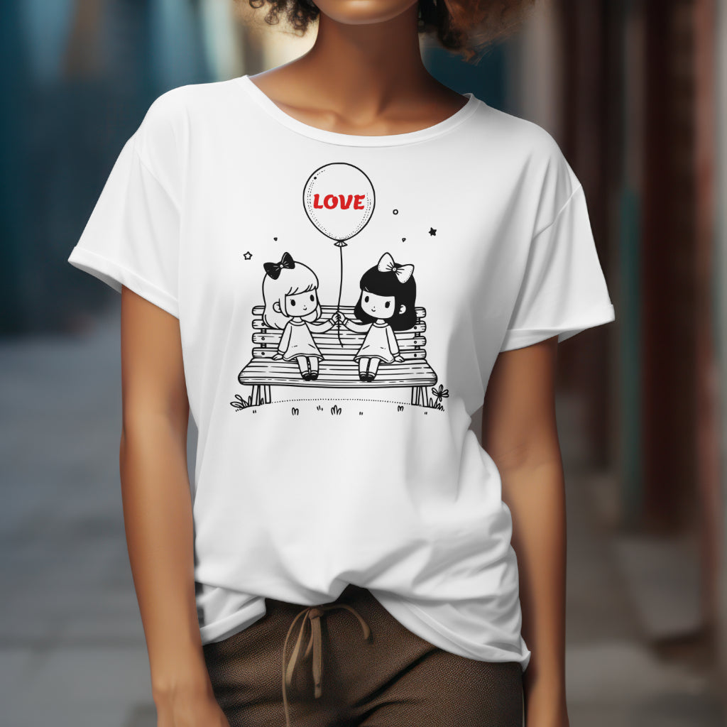 Heartfelt Friendship T-Shirt - Girls on Bench Balloon - Perfect Valentine Gift - T-shirt