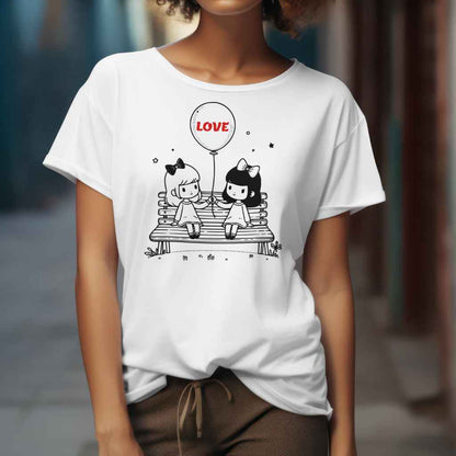 Heartfelt Friendship T-Shirt - Girls on Bench Balloon - Perfect Valentine Gift