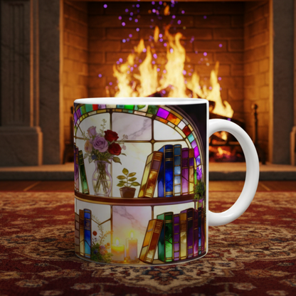Stained Glass Bookshelf Window Ceramic Mug – Book Lover Gift | 250ml Glossy White Coffee Cup - J & I Vision