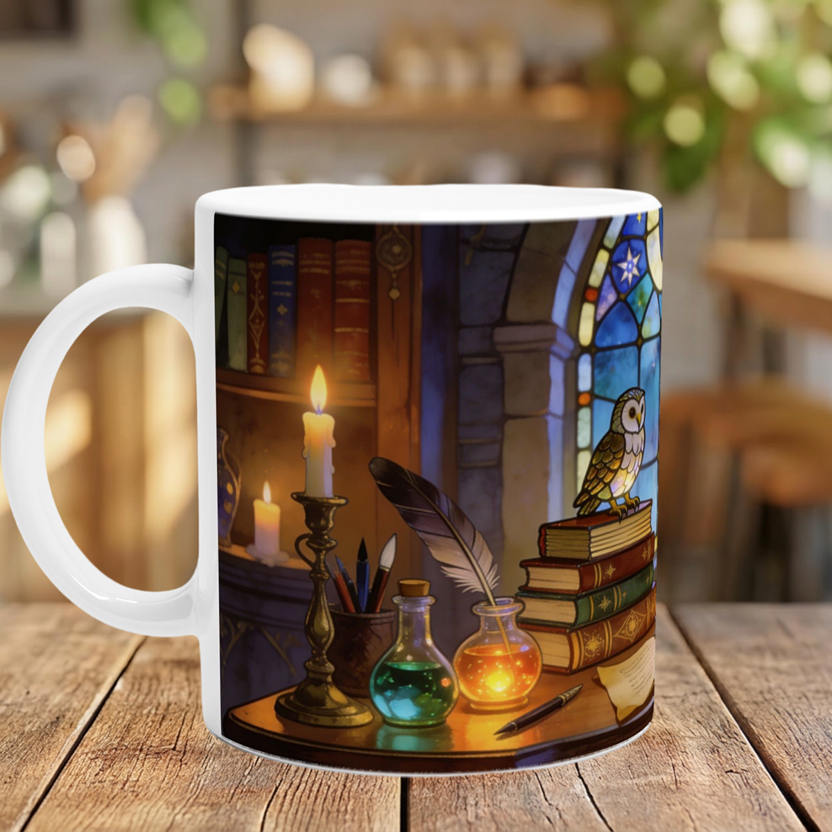 Stained Glass Style Fantasy Ceramic Mug – Book Lover Gift | 250ml Glossy White Coffee Cup