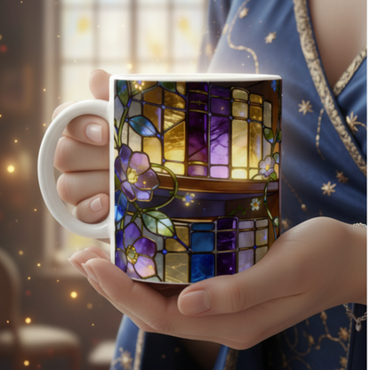 Stained Glass Style Bookshelf Ceramic Mug – Book Lover Gift | 250ml Glossy White Coffee Cup - J & I Vision