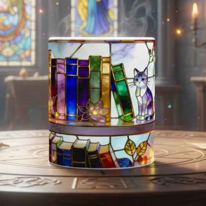 Stained Glass Bookshelf Dream Ceramic Mug – Book Lover Gift | 250ml Glossy White Coffee Cup - J & I Vision