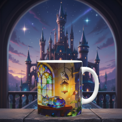 Stained Glass Bookshelf Cat Ceramic Mug – Cat & Book Lover Gift | 250ml Glossy White Coffee Cup - J & I Vision
