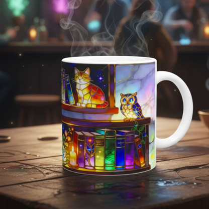 Stained Glass Bookshelf Wall Ceramic Mug – Book Lover Gift | 250ml Glossy White Coffee Cup - J & I Vision
