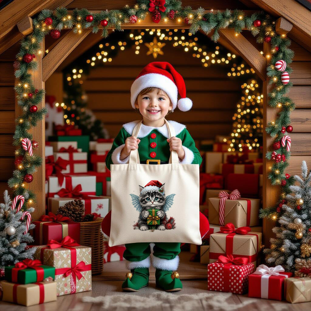 Fluffy Gothic Christmas Kitten Collection – T-Shirt Tile & Tote Bag - Tote bag / Kitty 4 - T-shirt