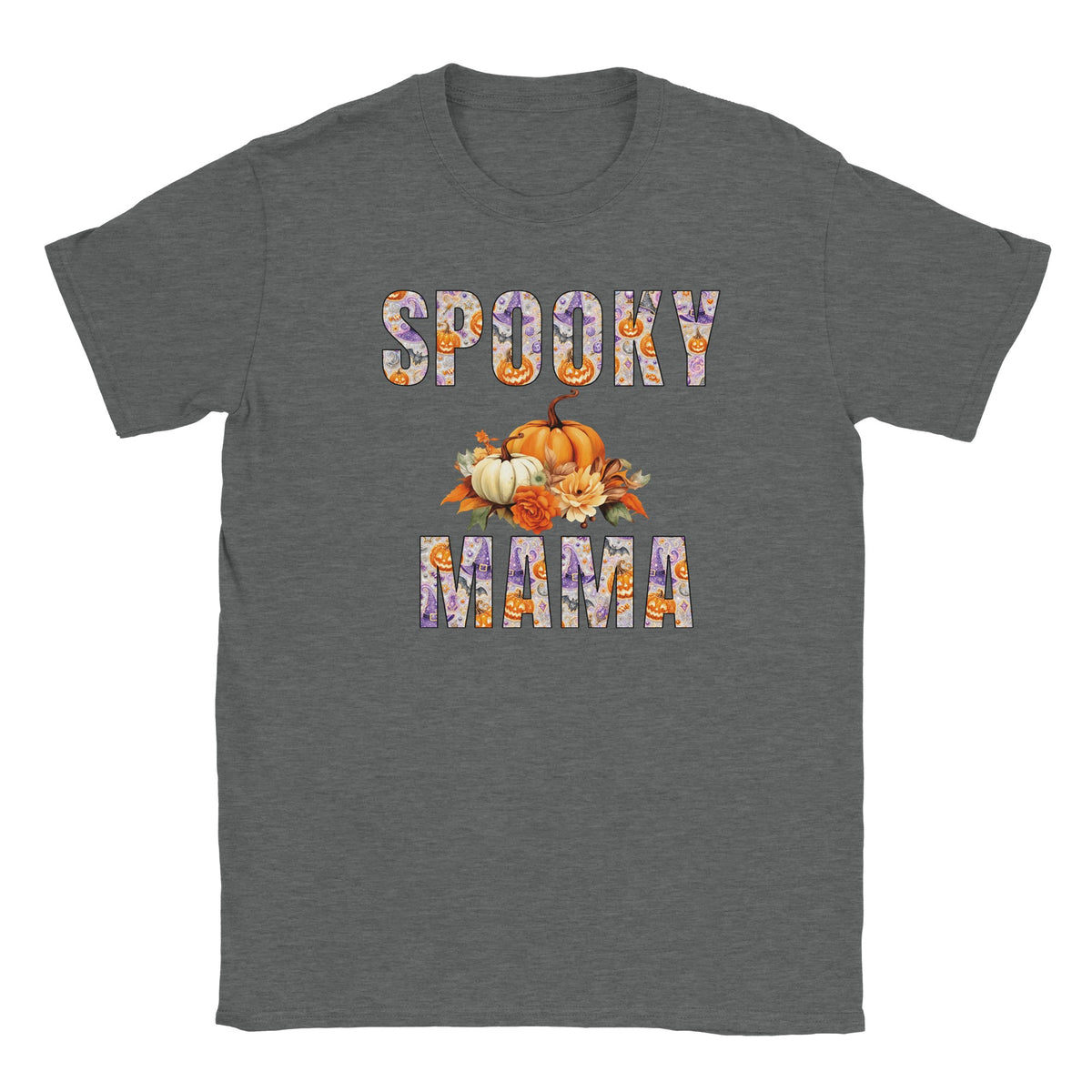 Spooky Mama Halloween T-shirt with pumpkins, bats and autumn floral lettering