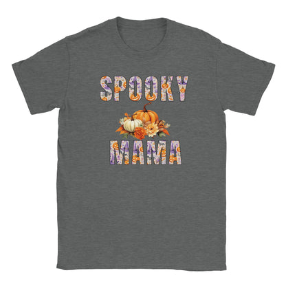 Spooky Mama Halloween T-shirt with pumpkins, bats and autumn floral lettering