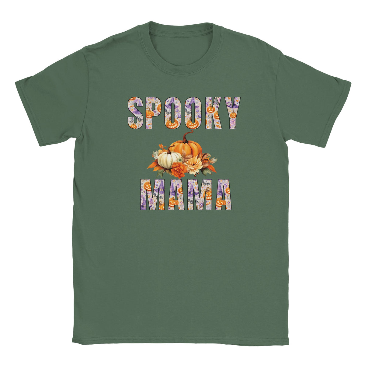 Spooky Mama Halloween T-shirt with pumpkins, bats and autumn floral lettering