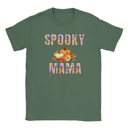 Spooky Mama Halloween T-shirt with pumpkins, bats and autumn floral lettering
