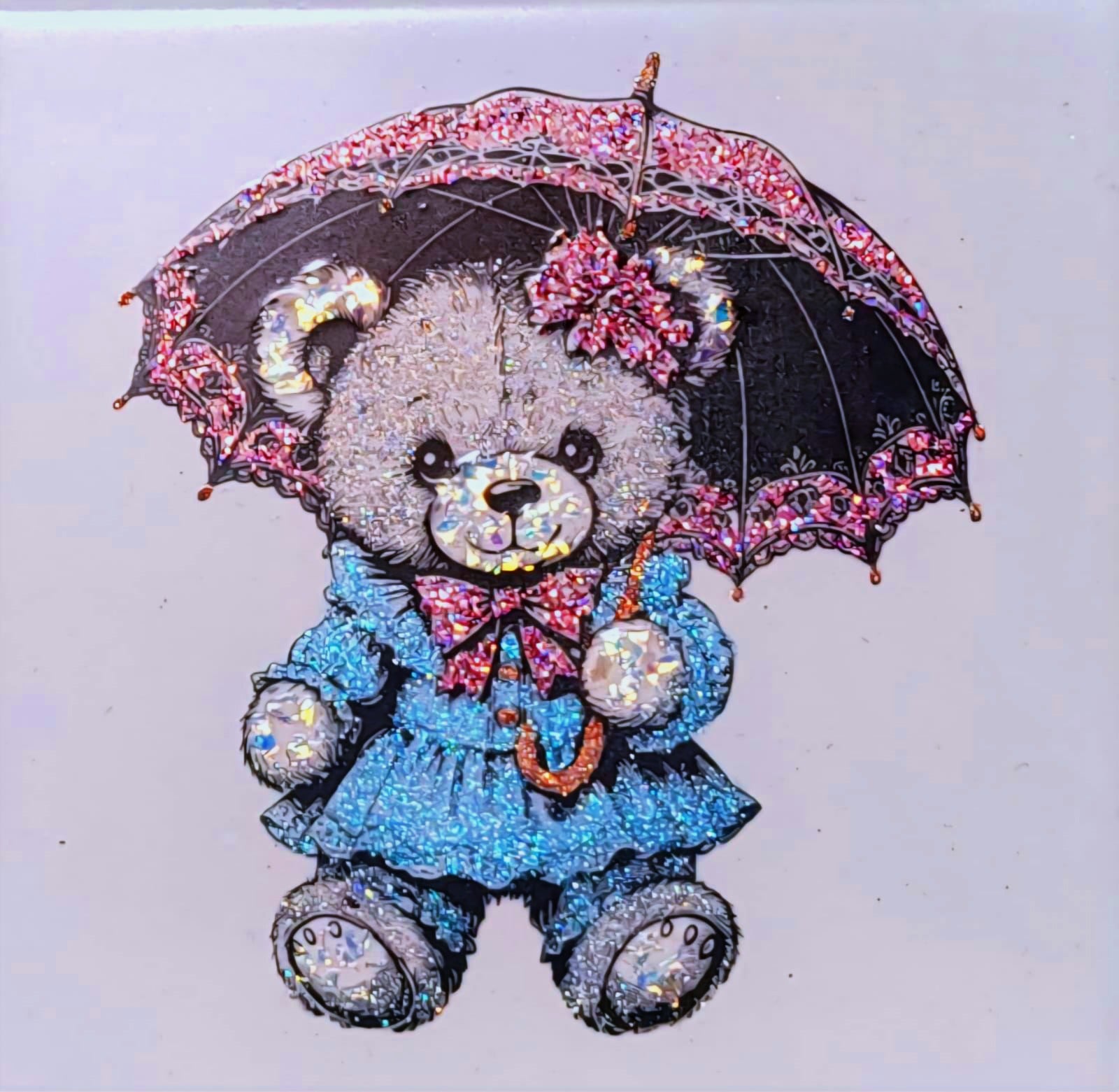 Cute Teddy Bear Engraved Tile with Sparkly Flakes – Adorable Home & Gift Decore - Teddy Evie with umbrella - Tiles