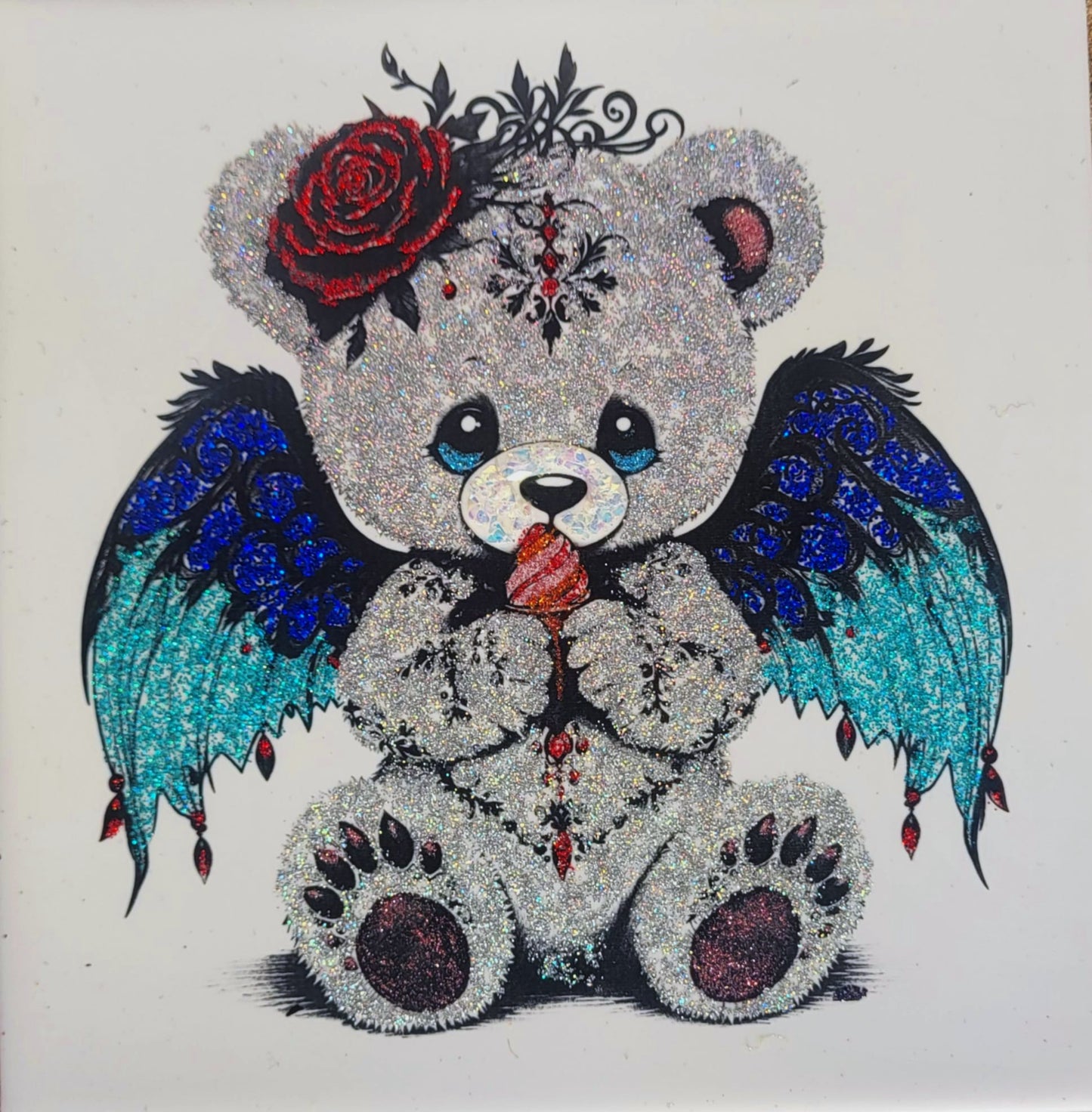 Cute Teddy Bear Engraved Tile with Sparkly Flakes – Adorable Home & Gift Decore - Teddy Nyxie with ice cream - Tiles