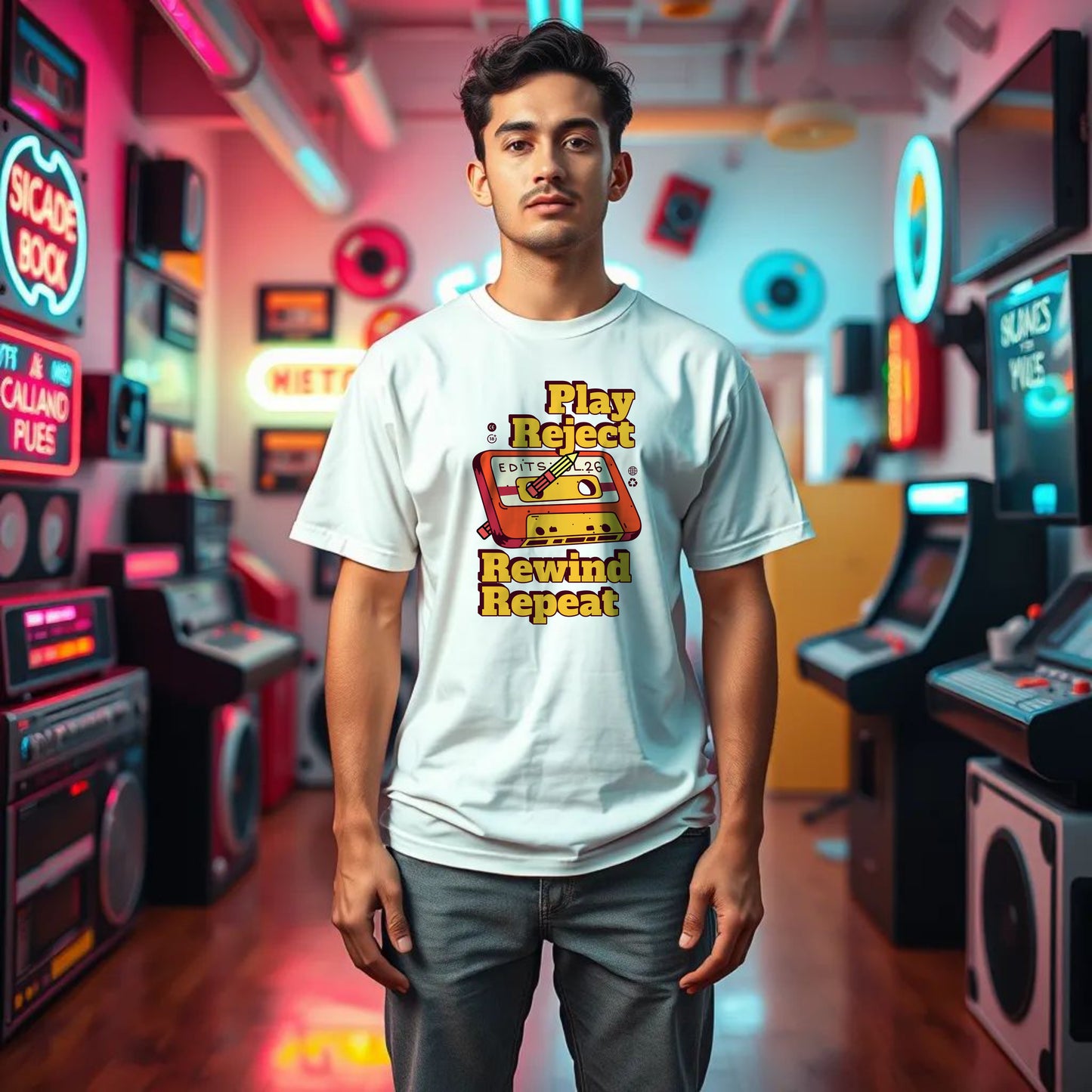 Retro Music Lovers T-Shirt - Play Reject Rewind Repeat - Vintage Audio Tee Funny cotton - Print Material