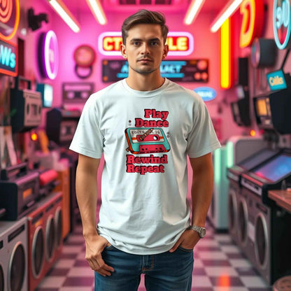 Retro Music Lovers T-Shirt - Play Dance Rewind Repeat - Vintage Audio Tee Funny cotton