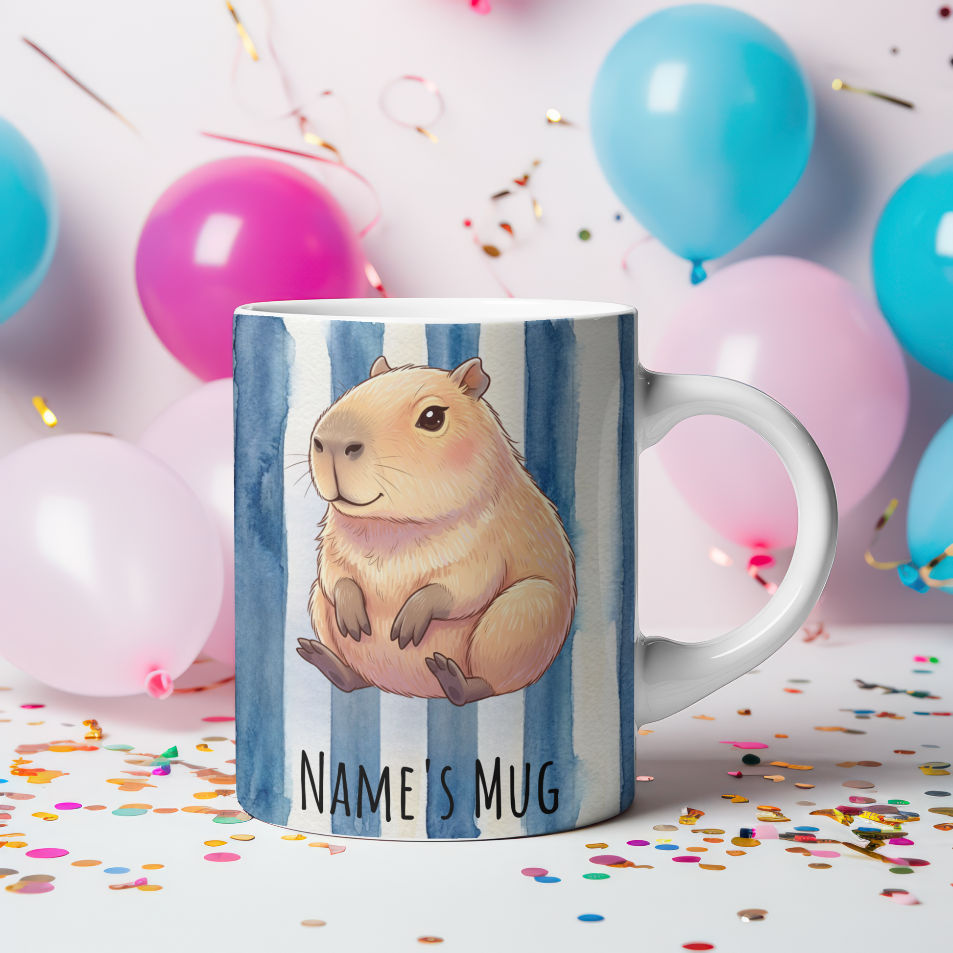 Personalised Capybara Name Mug - party balloons background