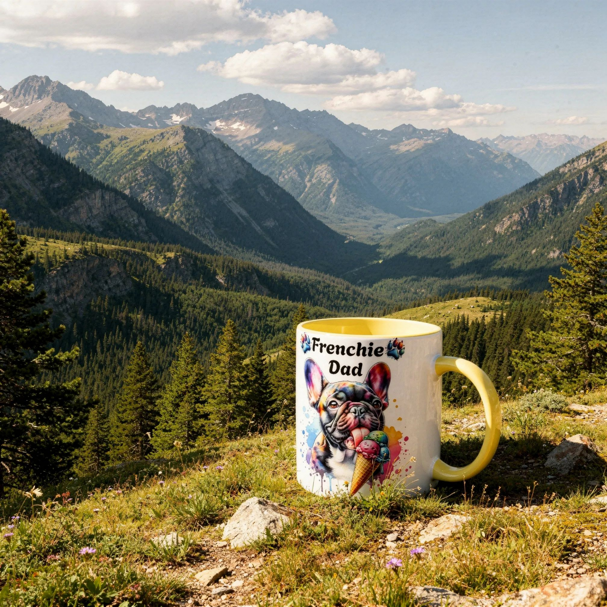 Frenchie dad ceramic mug with cute French Bulldog licking ice cream - Print Material