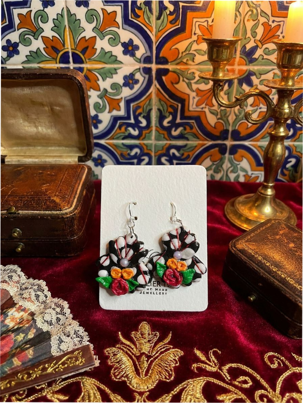 Spanish Floral Polymer Clay Dangle Earrings 1 off