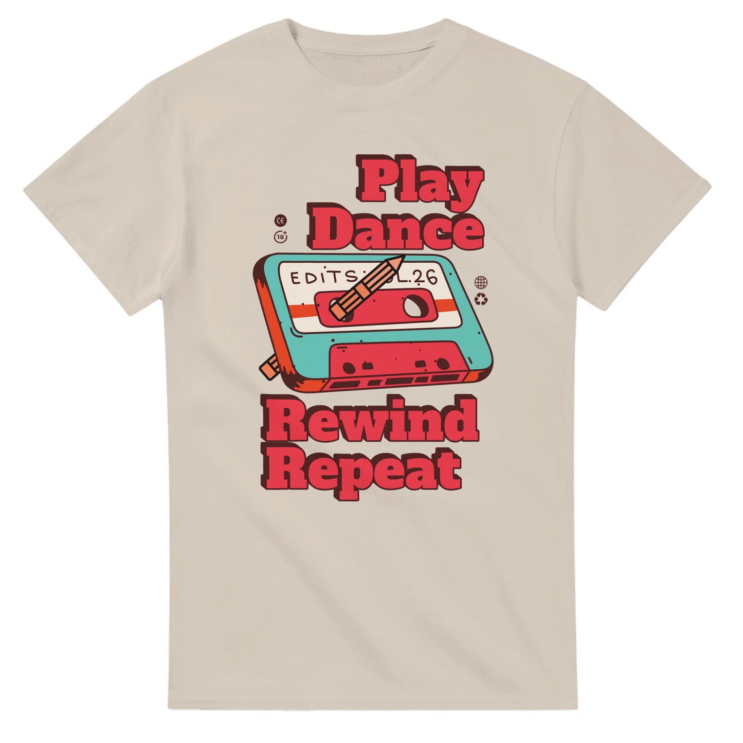 Retro Music Lovers T-Shirt - Play Dance Rewind Repeat - Vintage Audio Tee Funny cotton - Sand / S - T-shirt