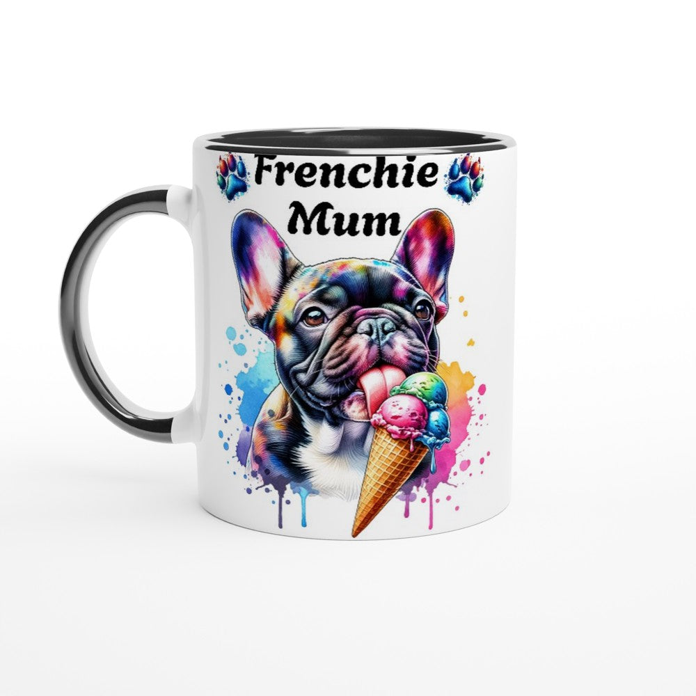 Cute Frenchie mum Ceramic mug French bulldog licking Ice cream. - Ceramic Black - Print Material