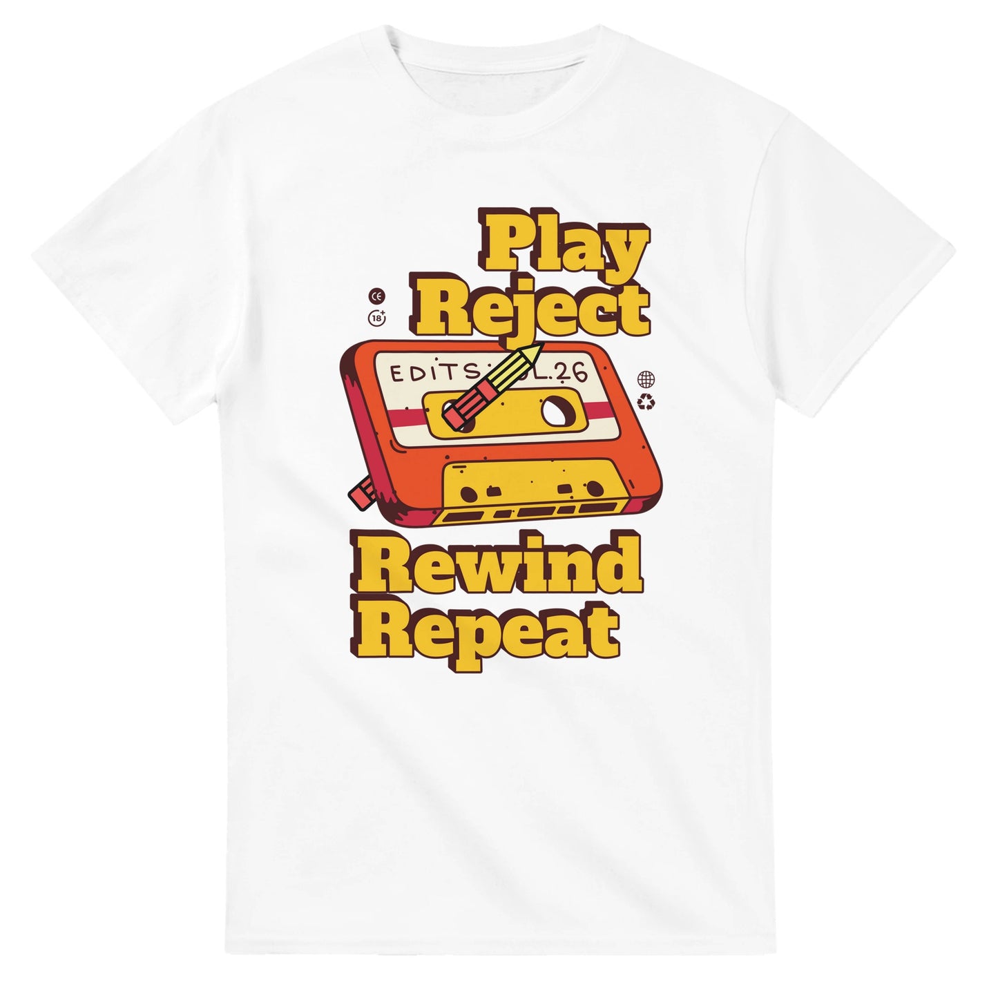 Retro Music Lovers T-Shirt - Play Reject Rewind Repeat - Vintage Audio Tee Funny cotton - White / S - Print Material