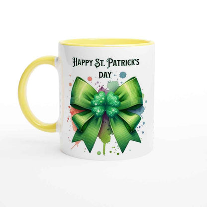 Happy St Patrick's Day Mug - Shamrock and Bow Design - Ceramic 250ml Coffee - Tea Cup - Dishwasher & Microwave Safe