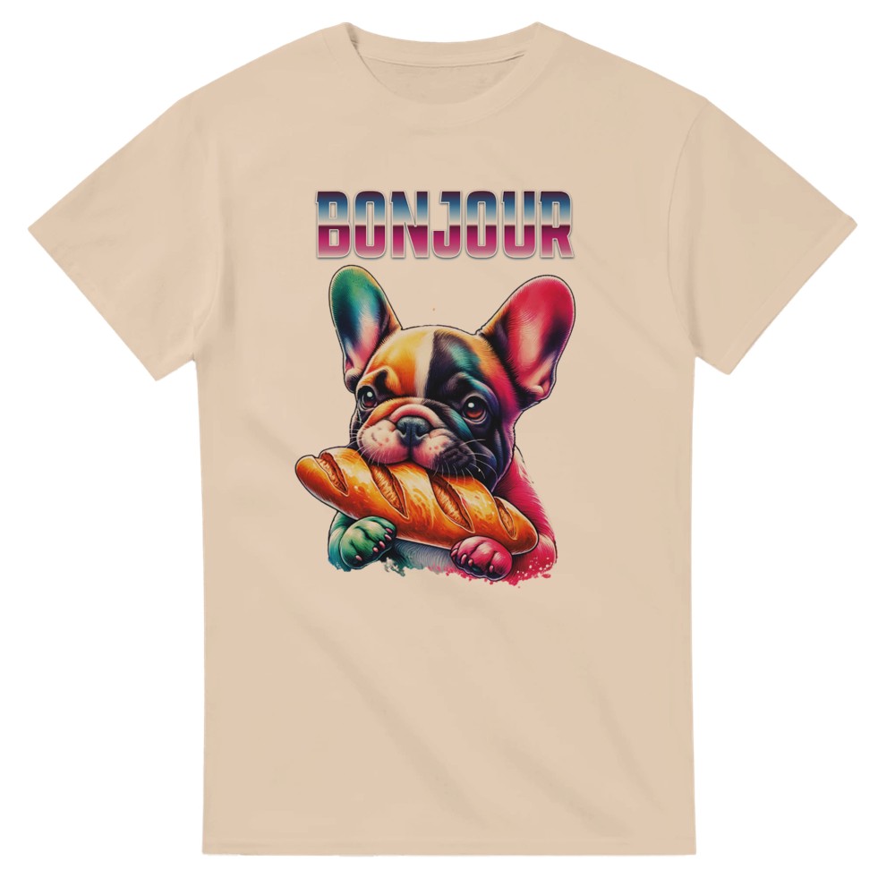Cute t-shirt Frenchie bulldog eating baguette. Dog lover present. - Natural / S - T-shirt