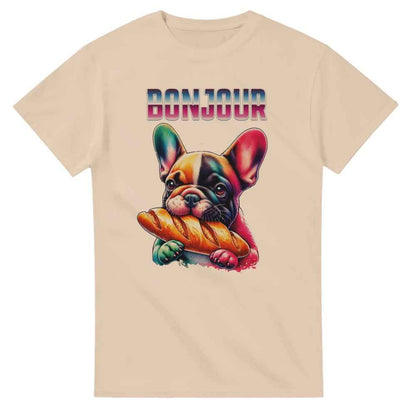Cute t-shirt Frenchie bulldog eating baguette. Dog lover present.