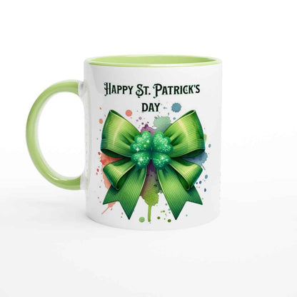 Happy St Patrick's Day Mug - Shamrock and Bow Design - Ceramic 250ml Coffee - Tea Cup - Dishwasher & Microwave Safe