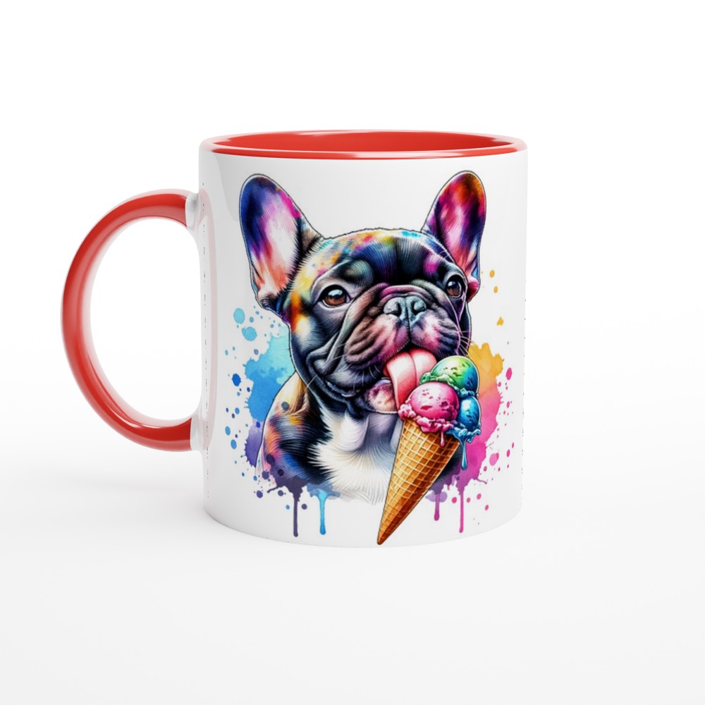 Cute Frenchie licking ice cream White 250ml Ceramic Mug with Colour Inside - Ceramic Red - Print Material