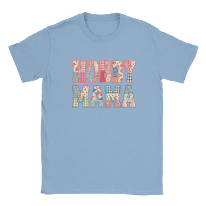 Hobby Mama Shirt, Faux Patchwork Mama Tee, Quilted Letter Graphic Shirt, Floral Patchwork Top, Gift for Crafty Mom, Light Blue