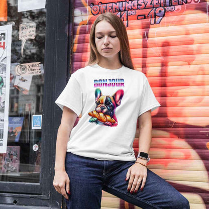 Cute t-shirt Frenchie bulldog eating baguette. Dog lover present.