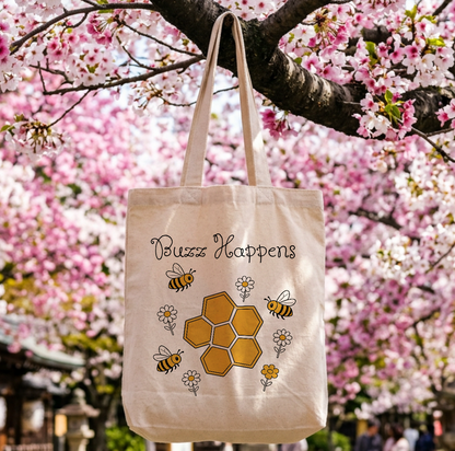 Buzz Happens Bee Eco Cotton Tote Bag – Funny Bee Lover Gift | Reusable Everyday Bag - J & I Vision