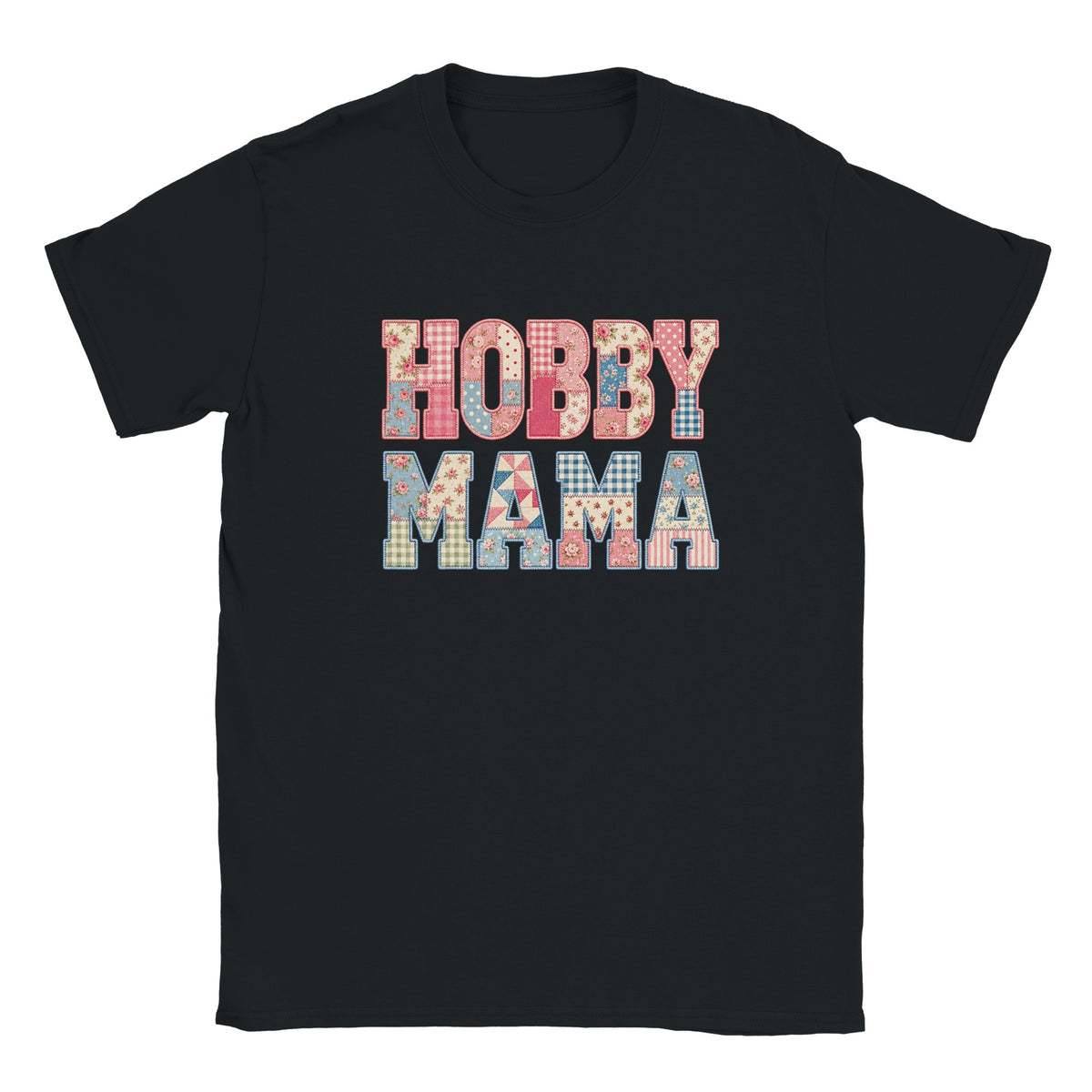 Hobby Mama Shirt, Faux Patchwork Mama Tee, Quilted Letter Graphic Shirt, Floral Patchwork Top, Gift for Crafty Mom, black