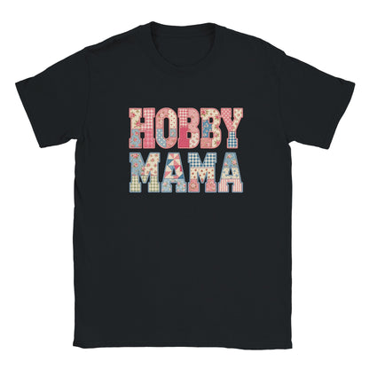 Hobby Mama Shirt, Faux Patchwork Mama Tee, Quilted Letter Graphic Shirt, Floral Patchwork Top, Gift for Crafty Mom, black