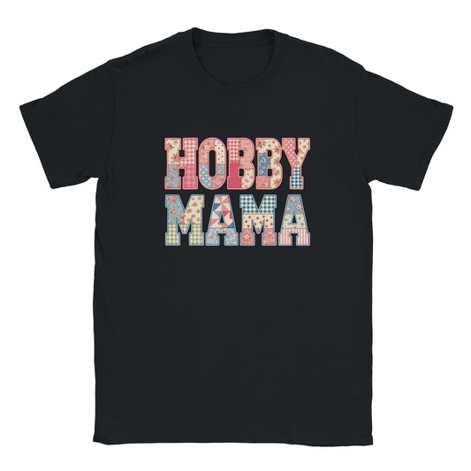 Hobby Mama Shirt, Faux Patchwork Mama Tee, Quilted Letter Graphic Shirt, Floral Patchwork Top, Gift for Crafty Mom, black