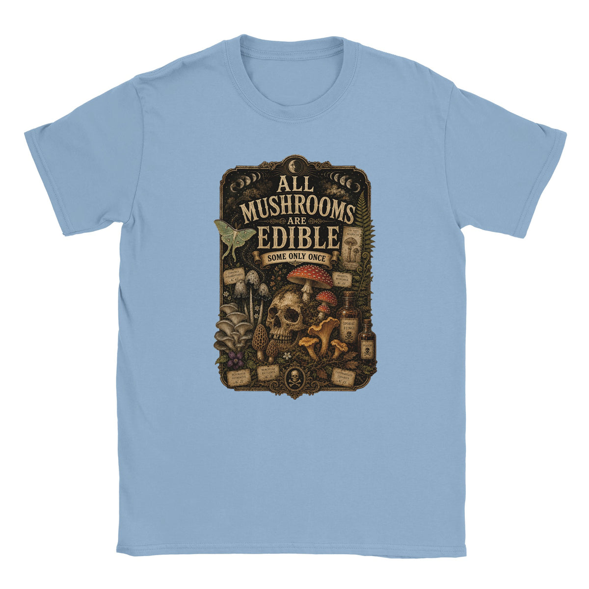 Dark academia mushroom lover T-shirt with vintage natural history style graphic. light blue