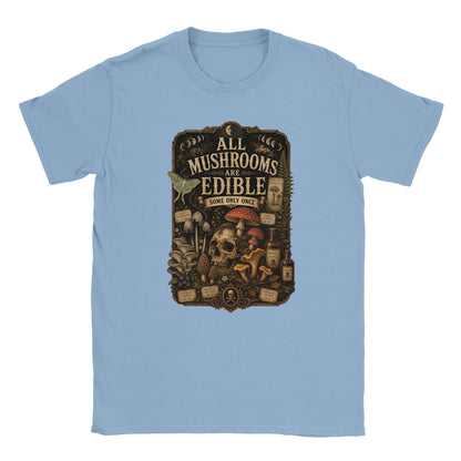 Dark academia mushroom lover T-shirt with vintage natural history style graphic. light blue