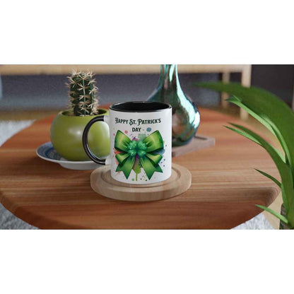 Happy St Patrick's Day Mug - Shamrock and Bow Design - Ceramic 250ml Coffee - Tea Cup - Dishwasher & Microwave Safe