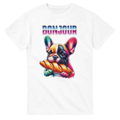 Cute t-shirt Frenchie bulldog eating baguette. Dog lover present.