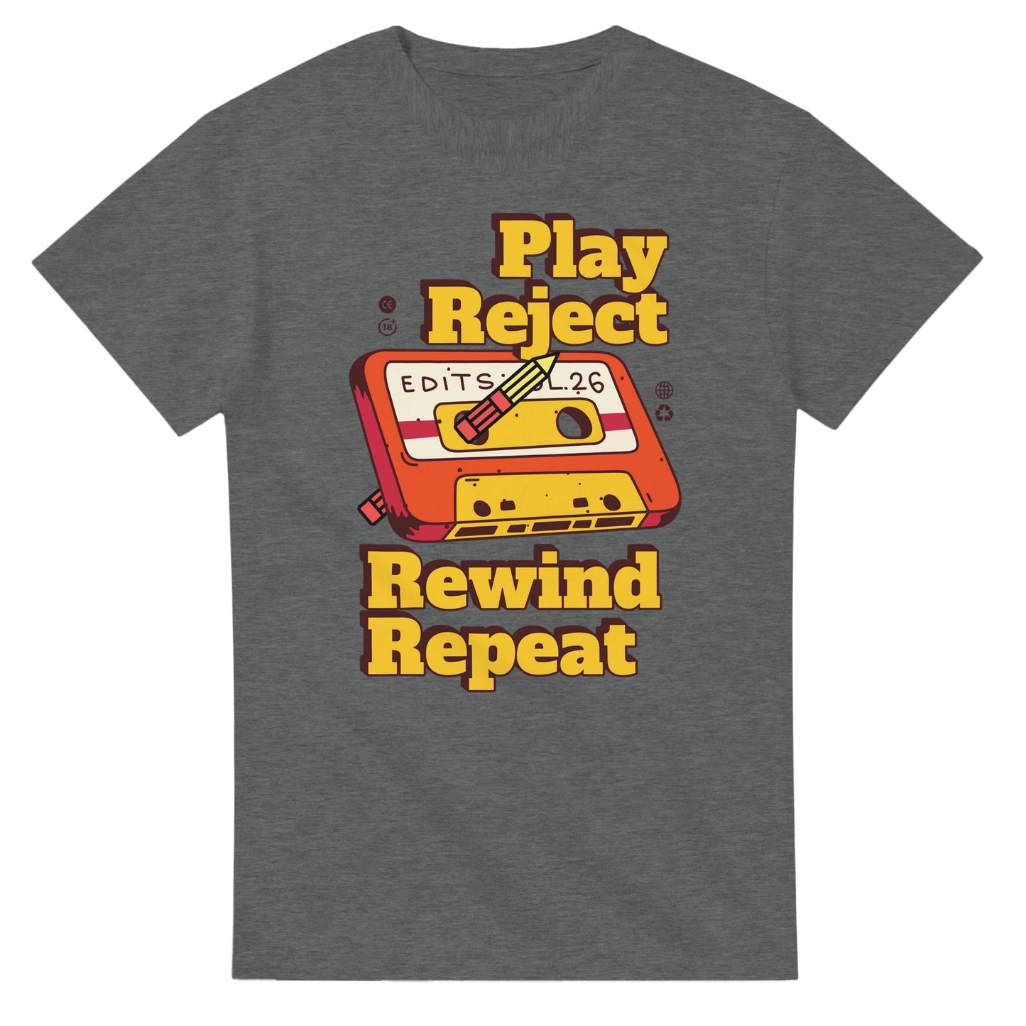 Retro Music Lovers T-Shirt - Play Reject Rewind Repeat - Vintage Audio Tee Funny cotton - Graphite Heather / S - Print