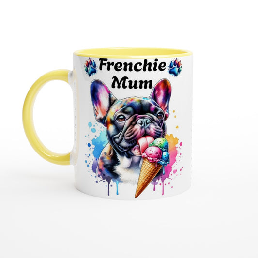 Cute Frenchie mum Ceramic mug French bulldog licking Ice cream. - Ceramic Yellow - Print Material