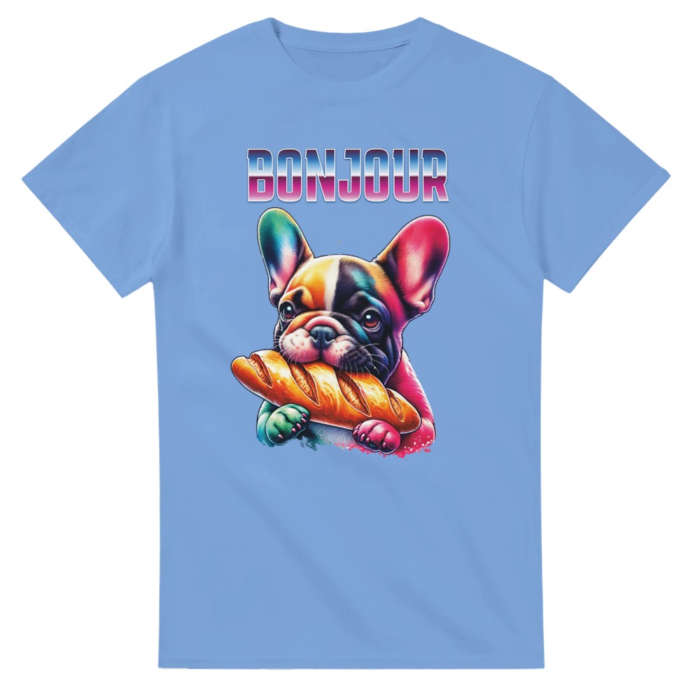 Cute t-shirt Frenchie bulldog eating baguette. Dog lover present. - Carolina Blue / S - T-shirt