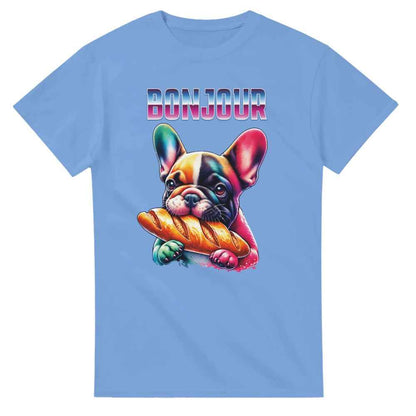 Cute t-shirt Frenchie bulldog eating baguette. Dog lover present.