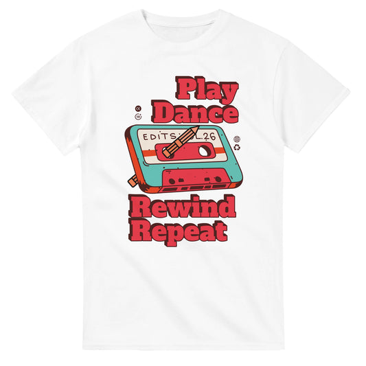 Retro Music Lovers T-Shirt - Play Dance Rewind Repeat - Vintage Audio Tee Funny cotton - White / S - T-shirt