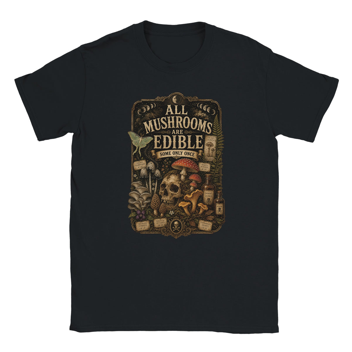 Gothic mushroom T-shirt with vintage skull and woodland botanical design