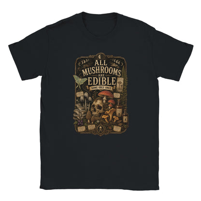 Gothic mushroom T-shirt with vintage skull and woodland botanical design